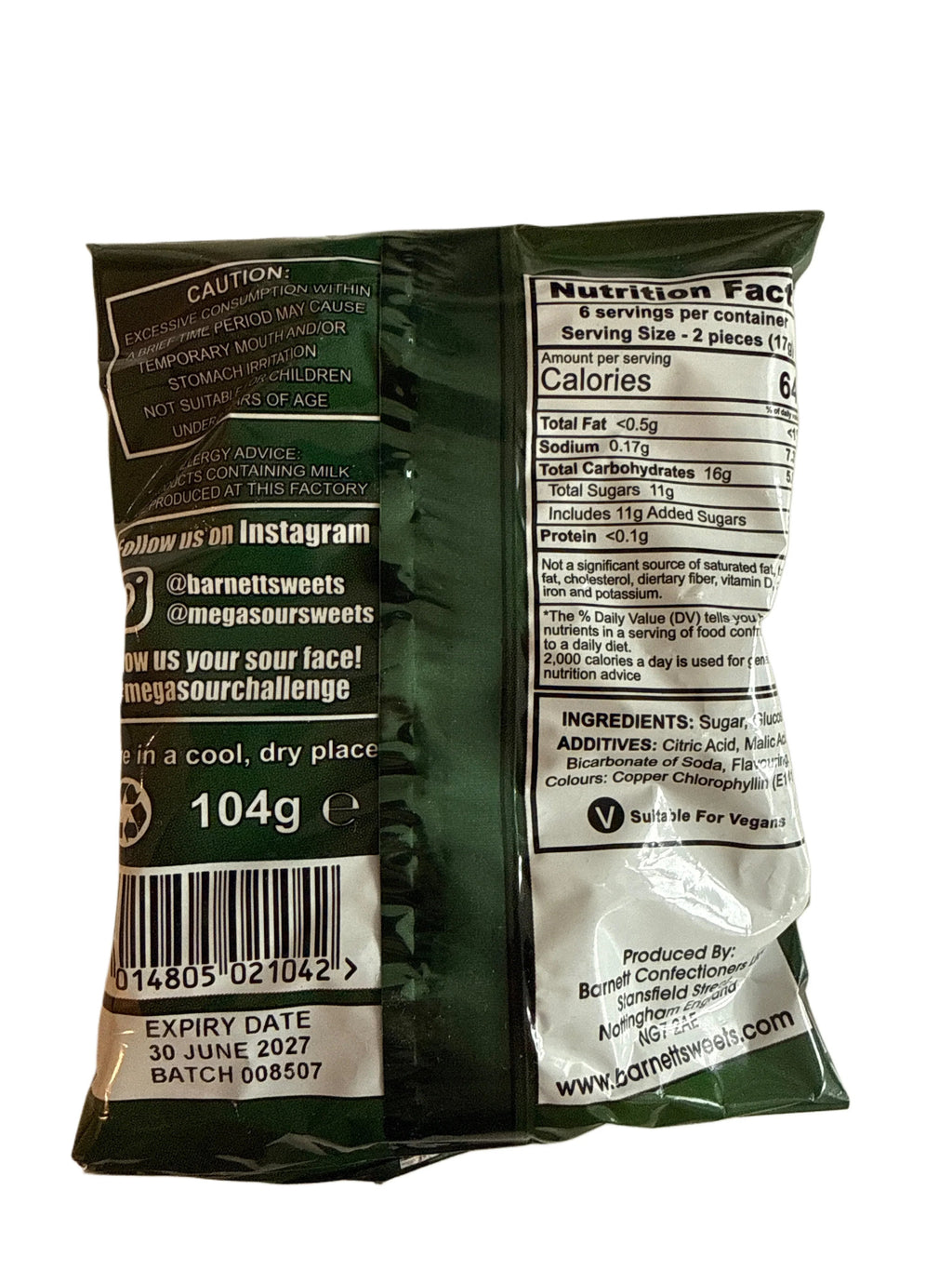 Barnetts Mega Sour Apple Candy 104G - U.K Edition