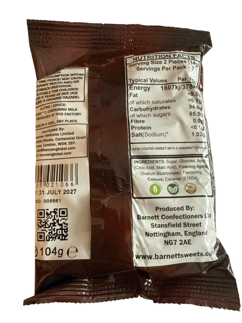 Barnetts Mega Cola Candy 104G - U.K Edition