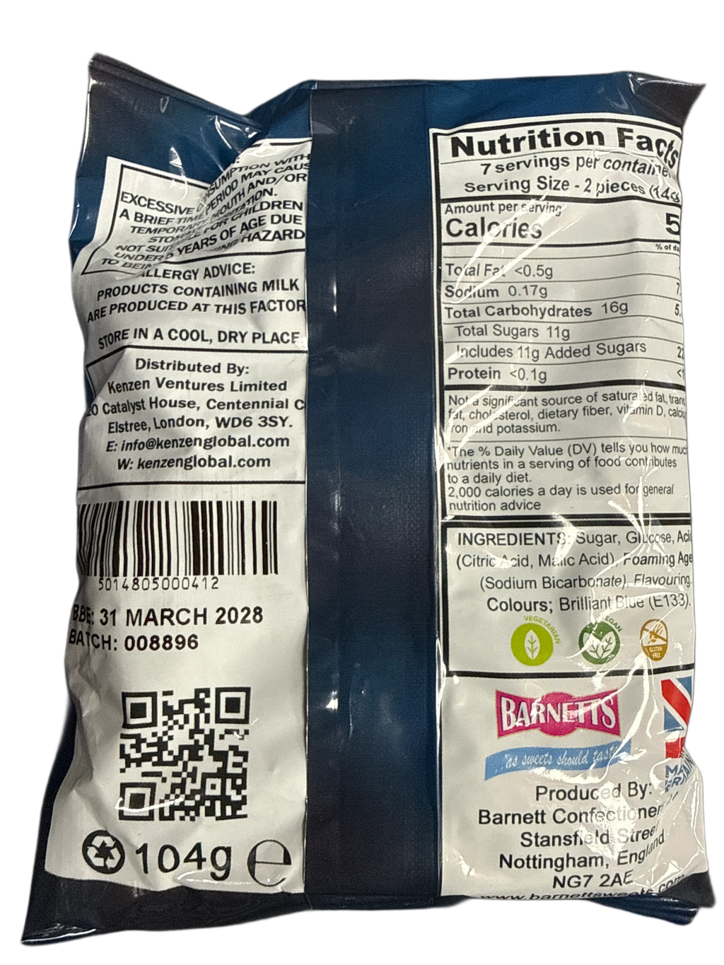 Barnetts Mega Sour Challenge Blue Raspberry Flavour 104G - U.K Edition