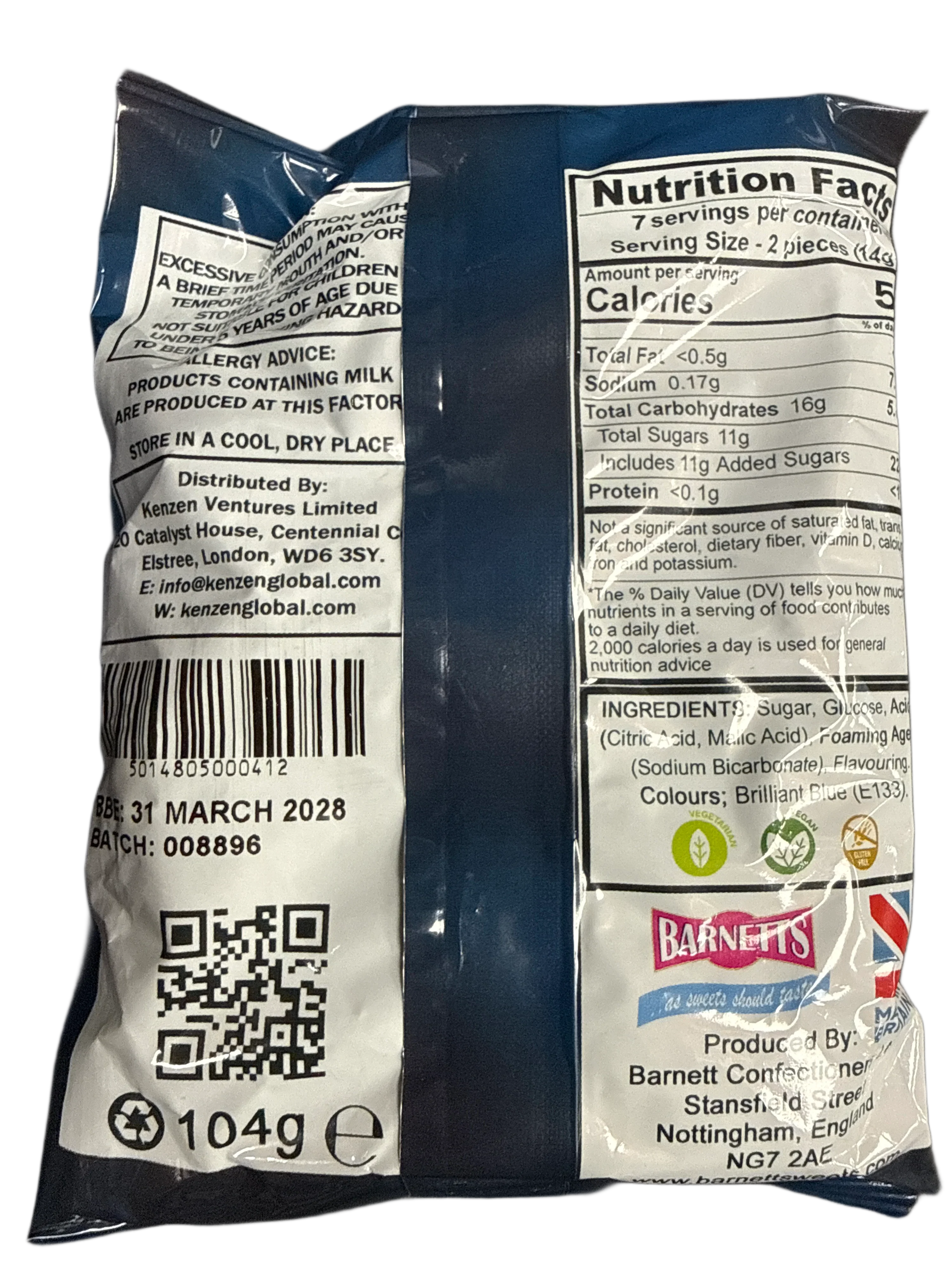 Barnetts Mega Sour Challenge Blue Raspberry Flavour 104G - U.K Edition