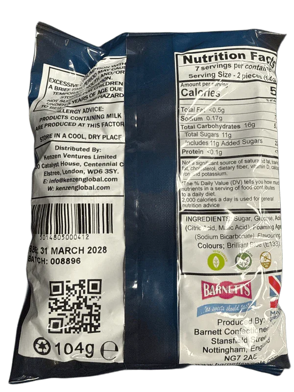 Barnetts Mega Sour Challenge Blue Raspberry Flavour 104G - U.K Edition