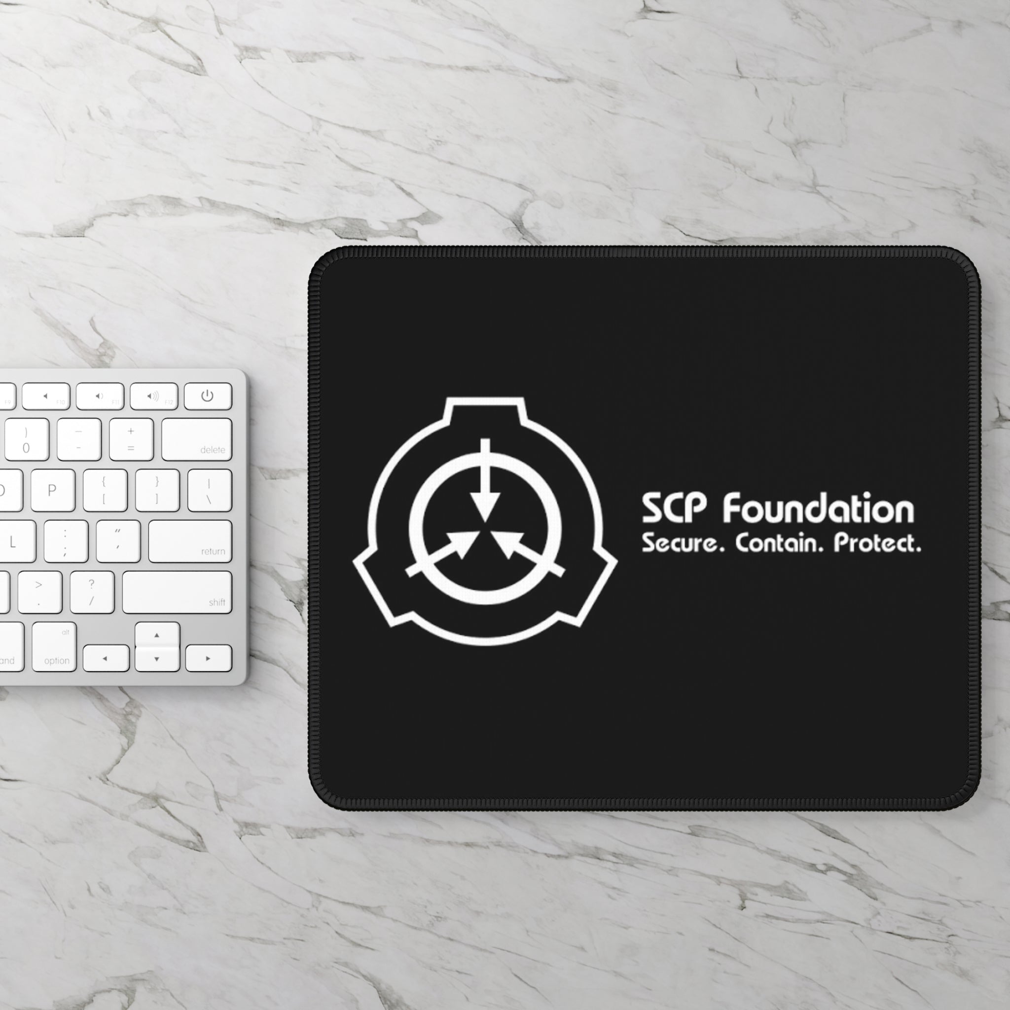 SCP Foundation Gaming Mouse Pad — Secure. Contain. Protect. Black Desk Mat for Gamers & Fans