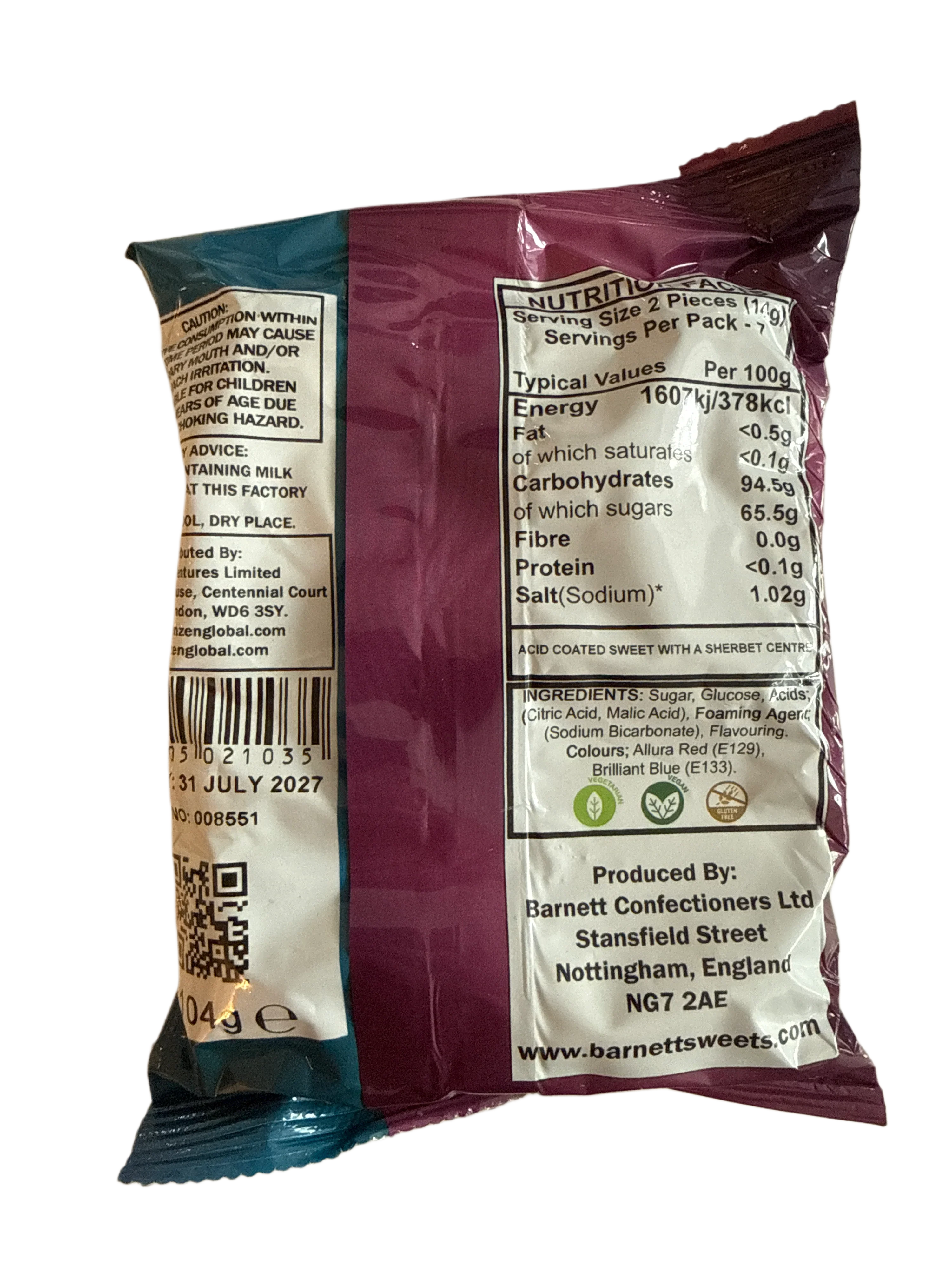 Barnetts Mega Sour Bubblegum Flavoured Candy 104G - U.K Edition
