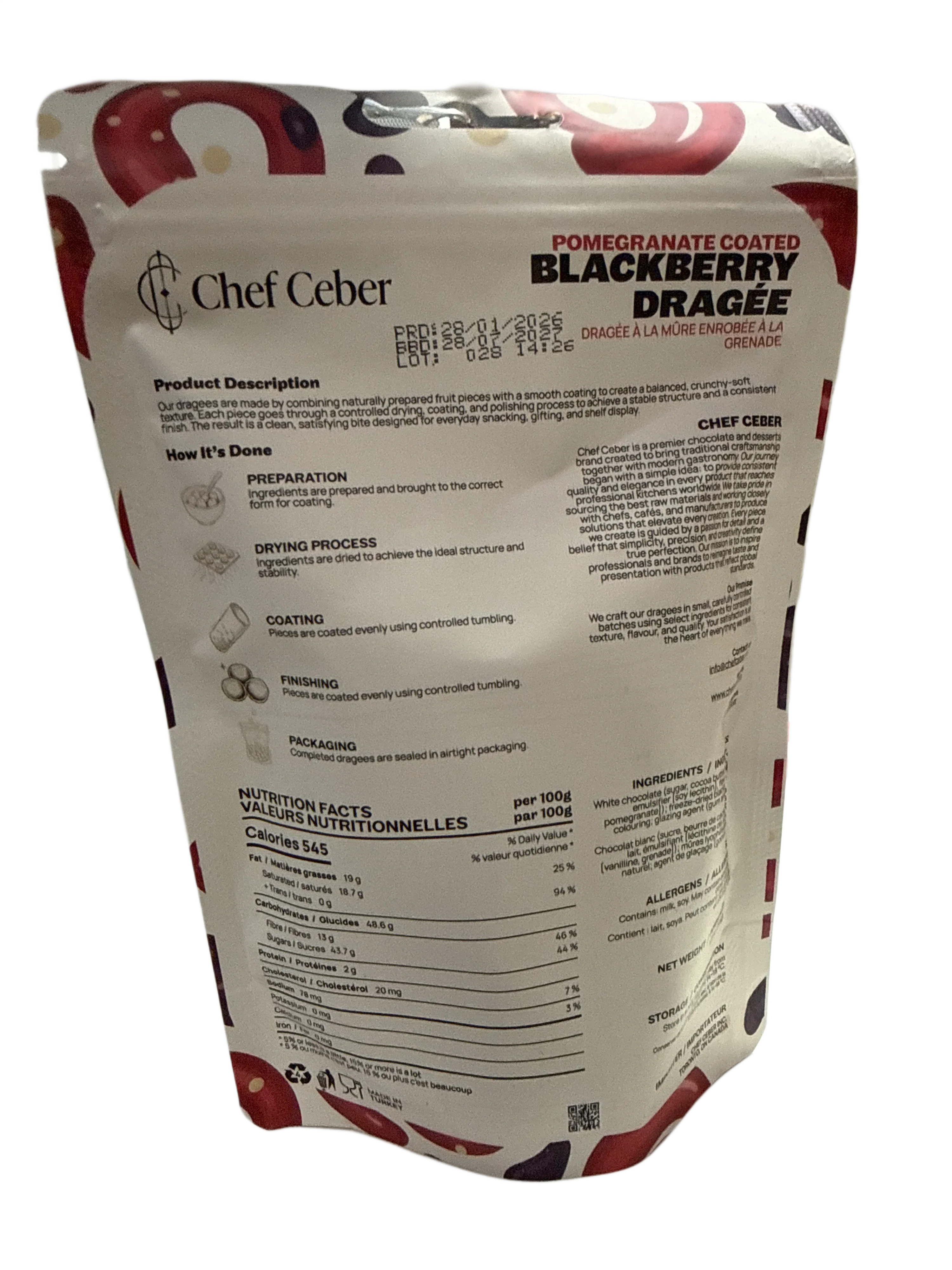 Chef Ceber White Chocolate and Pomegranate Coated Free Dried Blackberry 130G - Turkey Edition