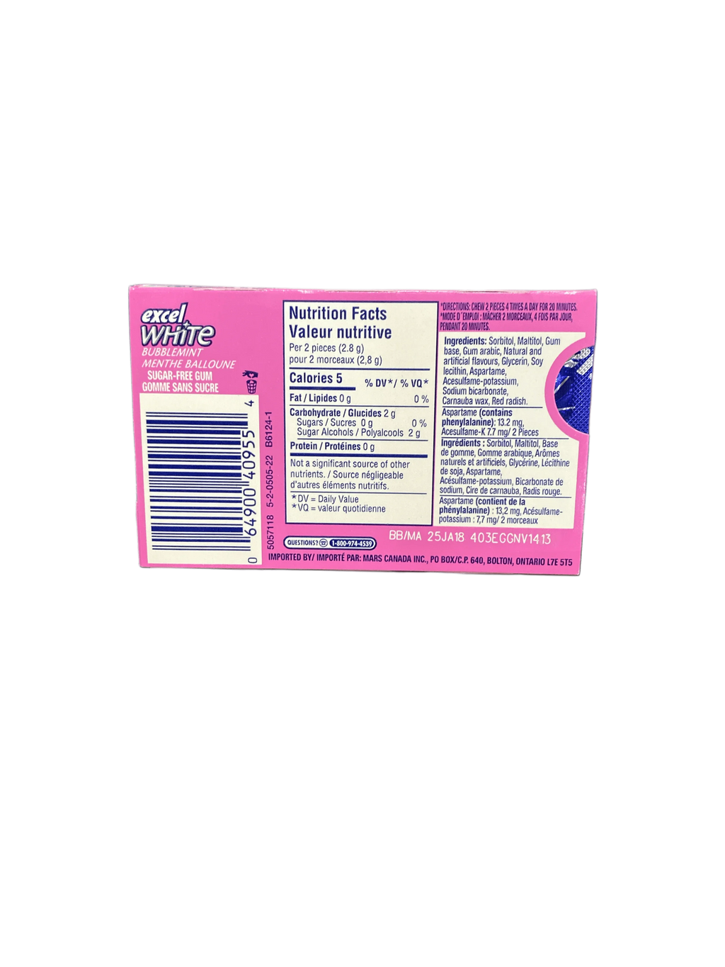 Excel White Bubblemint Gum 12 Pieces - Canadian Edition