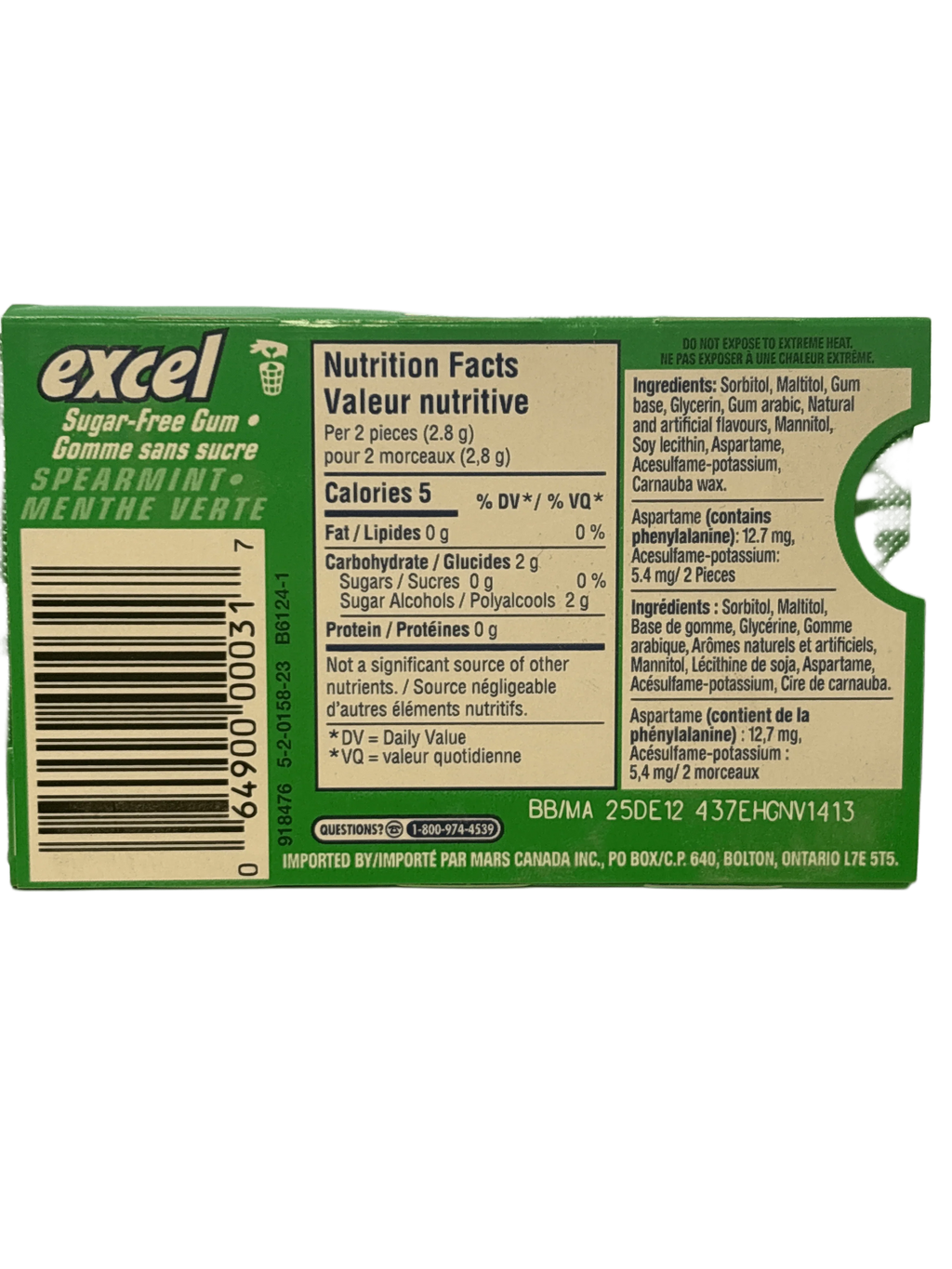 Excel Spearmint Gum 12 Pieces - Canadian Edition