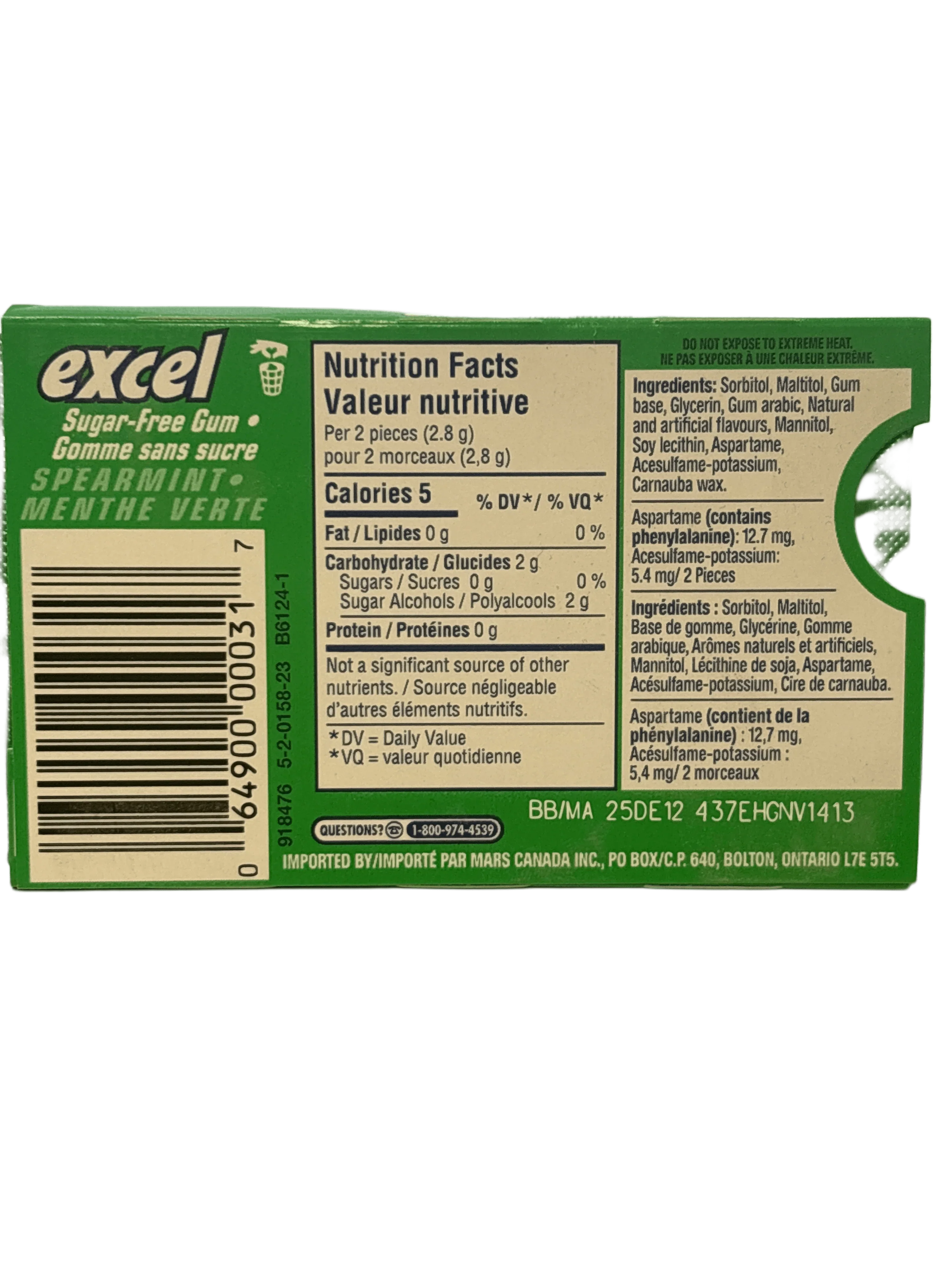 Excel Spearmint Gum 12 Pieces - Canadian Edition